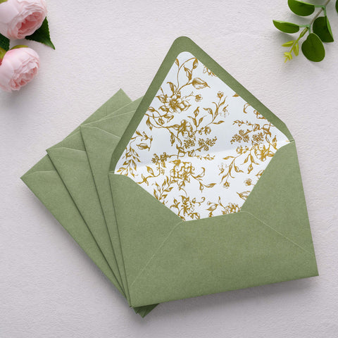 NingsPaper 50 Pieces  A7 Euro Flap Gold Foil Liner Envelopes, 5x7 Sage Green Envelopes