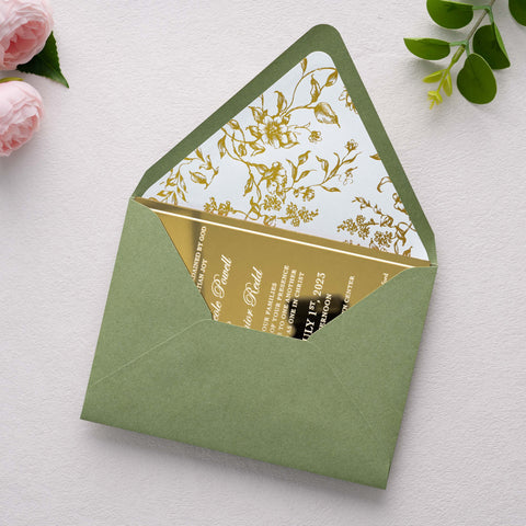 NingsPaper 50 Pieces  A7 Euro Flap Gold Foil Liner Envelopes, 5x7 Sage Green Envelopes
