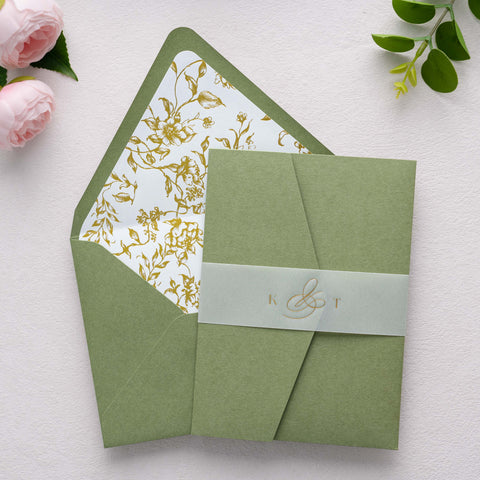NingsPaper 50 Pieces  A7 Euro Flap Gold Foil Liner Envelopes, 5x7 Sage Green Envelopes