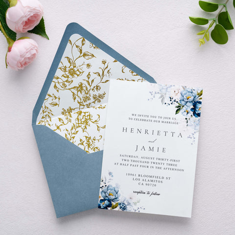 NingsPaper 50 Pieces  A7 Euro Flap Gold Foil Liner Envelopes, 5x7 Dusty Blue Envelopes
