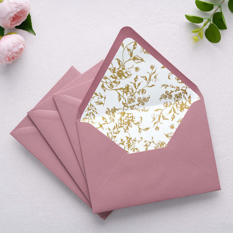 NingsPaper 50 Pieces  A7 Euro Flap Gold Foil Liner Envelopes, 5x7 Dusty Rose Envelopes
