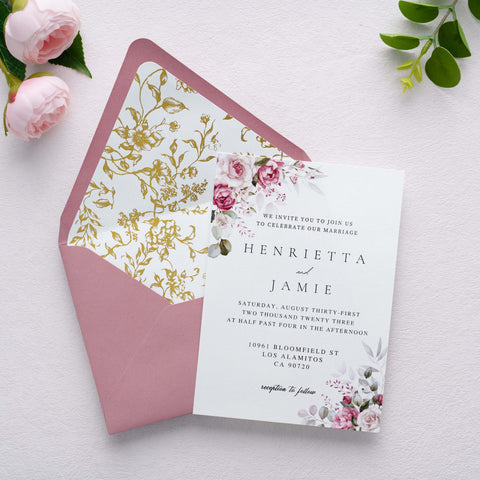 NingsPaper 50 Pieces  A7 Euro Flap Gold Foil Liner Envelopes, 5x7 Dusty Rose Envelopes