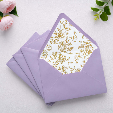 NingsPaper 50 Pieces  A7 Euro Flap Gold Foil Liner Envelopes, 5x7 Lilac Envelopes