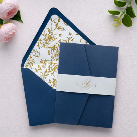 NingsPaper 50 Pieces  A7 Euro Flap Gold Foil Liner Envelopes, 5x7 Navy Blue Envelopes