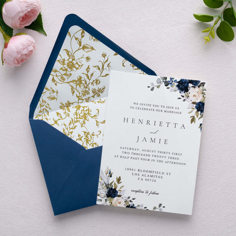 NingsPaper 50 Pieces  A7 Euro Flap Gold Foil Liner Envelopes, 5x7 Navy Blue Envelopes