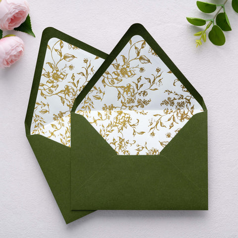 NingsPaper 50 Pieces  A7 Euro Flap Gold Foil Liner Envelopes, 5x7 Olive Green Envelopes