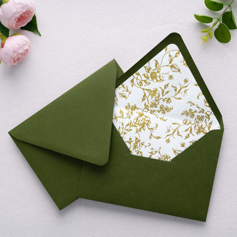 NingsPaper 50 Pieces  A7 Euro Flap Gold Foil Liner Envelopes, 5x7 Olive Green Envelopes
