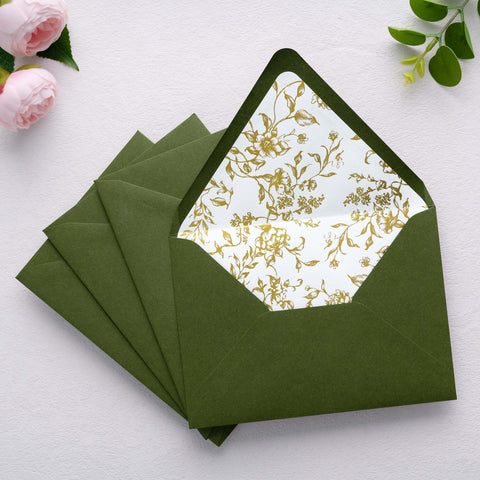 NingsPaper 50 Pieces  A7 Euro Flap Gold Foil Liner Envelopes, 5x7 Olive Green Envelopes