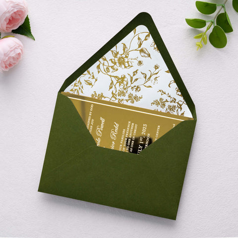 NingsPaper 50 Pieces  A7 Euro Flap Gold Foil Liner Envelopes, 5x7 Olive Green Envelopes