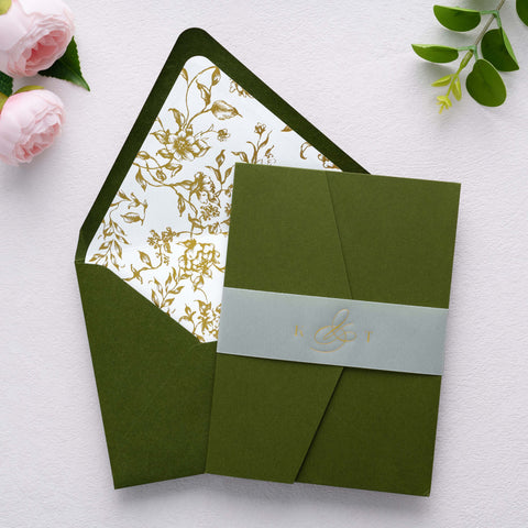 NingsPaper 50 Pieces  A7 Euro Flap Gold Foil Liner Envelopes, 5x7 Olive Green Envelopes