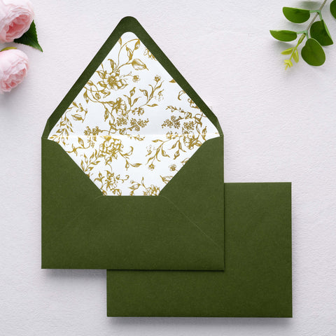 NingsPaper 50 Pieces  A7 Euro Flap Gold Foil Liner Envelopes, 5x7 Olive Green Envelopes