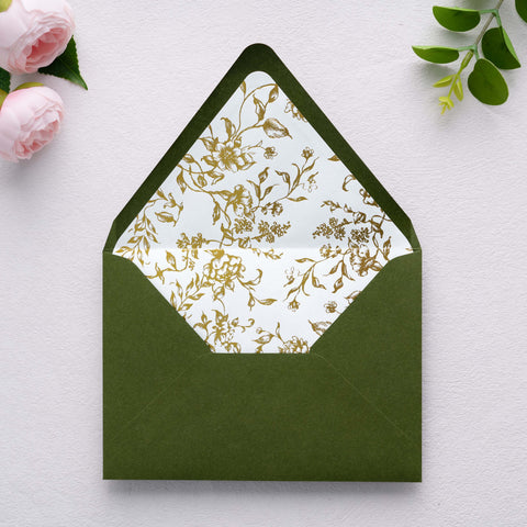 NingsPaper 50 Pieces  A7 Euro Flap Gold Foil Liner Envelopes, 5x7 Olive Green Envelopes