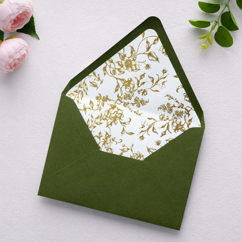 NingsPaper 50 Pieces  A7 Euro Flap Gold Foil Liner Envelopes, 5x7 Olive Green Envelopes