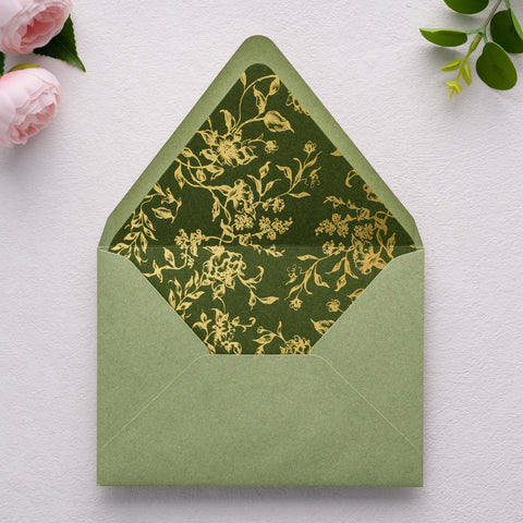 NingsPaper 50 Pieces  A7 Euro Flap Olive Green Gold Foil Liner Envelopes, 5x7 Sage Green Envelopes