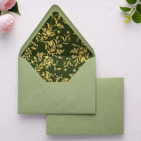 NingsPaper 50 Pieces  A7 Euro Flap Olive Green Gold Foil Liner Envelopes, 5x7 Sage Green Envelopes