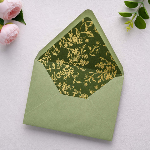 NingsPaper 50 Pieces  A7 Euro Flap Olive Green Gold Foil Liner Envelopes, 5x7 Sage Green Envelopes