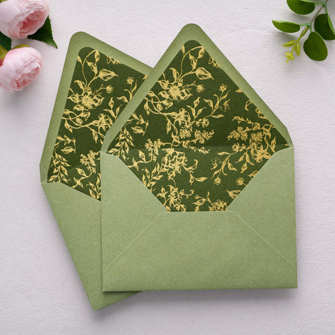 NingsPaper 50 Pieces  A7 Euro Flap Olive Green Gold Foil Liner Envelopes, 5x7 Sage Green Envelopes