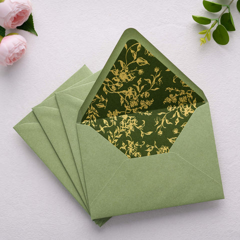 NingsPaper 50 Pieces  A7 Euro Flap Olive Green Gold Foil Liner Envelopes, 5x7 Sage Green Envelopes