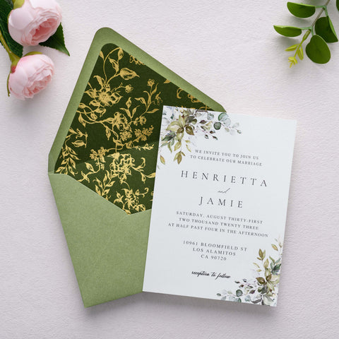 NingsPaper 50 Pieces  A7 Euro Flap Olive Green Gold Foil Liner Envelopes, 5x7 Sage Green Envelopes