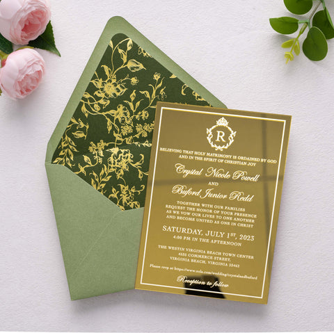 NingsPaper 50 Pieces  A7 Euro Flap Olive Green Gold Foil Liner Envelopes, 5x7 Sage Green Envelopes