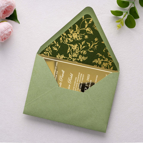 NingsPaper 50 Pieces  A7 Euro Flap Olive Green Gold Foil Liner Envelopes, 5x7 Sage Green Envelopes