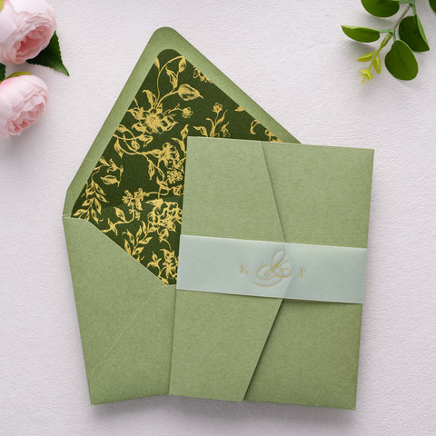 NingsPaper 50 Pieces  A7 Euro Flap Olive Green Gold Foil Liner Envelopes, 5x7 Sage Green Envelopes