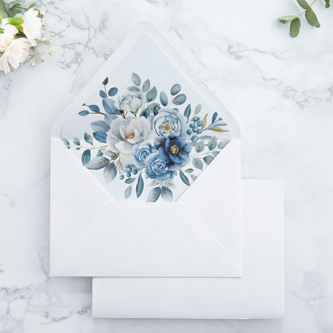 NingsPaper 50 Pieces  Dusty Blue Floral Liner Euro Flap White Envelopes for  Wedding Invitation Card