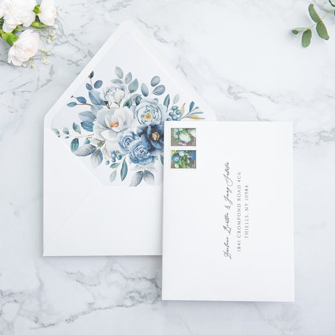 NingsPaper 50 Pieces  Dusty Blue Floral Liner Euro Flap White Envelopes for  Wedding Invitation Card