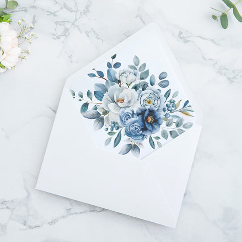 NingsPaper 50 Pieces  Dusty Blue Floral Liner Euro Flap White Envelopes for  Wedding Invitation Card