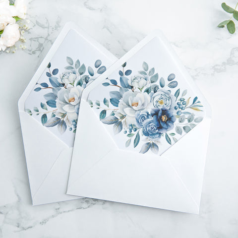 NingsPaper 50 Pieces  Dusty Blue Floral Liner Euro Flap White Envelopes for  Wedding Invitation Card