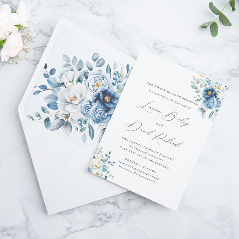NingsPaper 50 Pieces  Dusty Blue Floral Liner Euro Flap White Envelopes for  Wedding Invitation Card