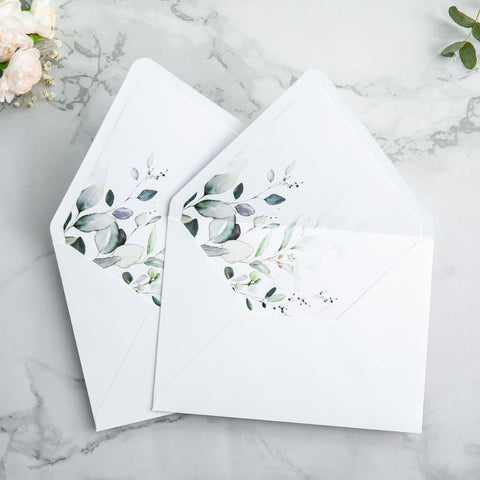 NingsPaper 50 Pieces  Sage Green Leaves Liner Euro Flap White Envelopes for  Wedding Invitation Card