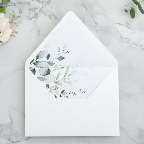 NingsPaper 50 Pieces  Sage Green Leaves Liner Euro Flap White Envelopes for  Wedding Invitation Card