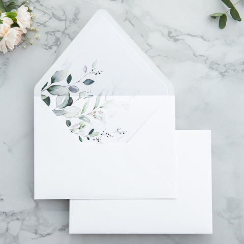 NingsPaper 50 Pieces  Sage Green Leaves Liner Euro Flap White Envelopes for  Wedding Invitation Card