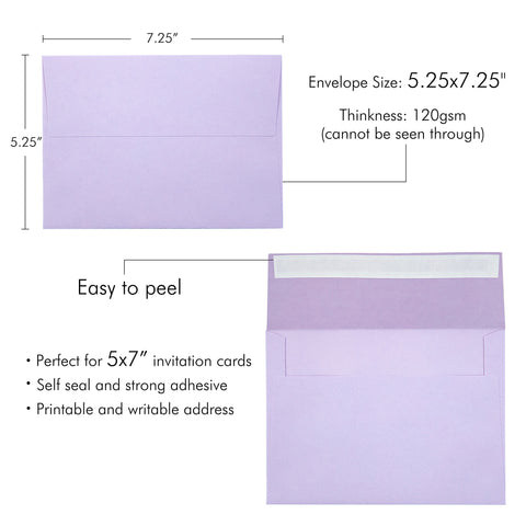 NingsPaper 50 Pieces  A7 5 x 7'' Lilac Self Seal Envelopes