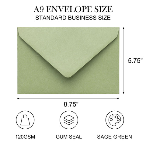 NingsPaper A9 Envelopes, 5.75 x 8.75'' Sage Green Wedding Mailing Envelopes