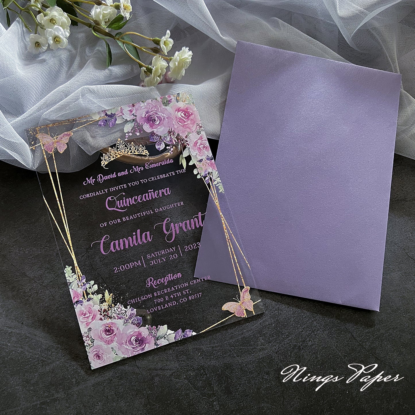 1mm/0.04" Lilac Acrylic Quinceanera Invitation Cards with Envelopes