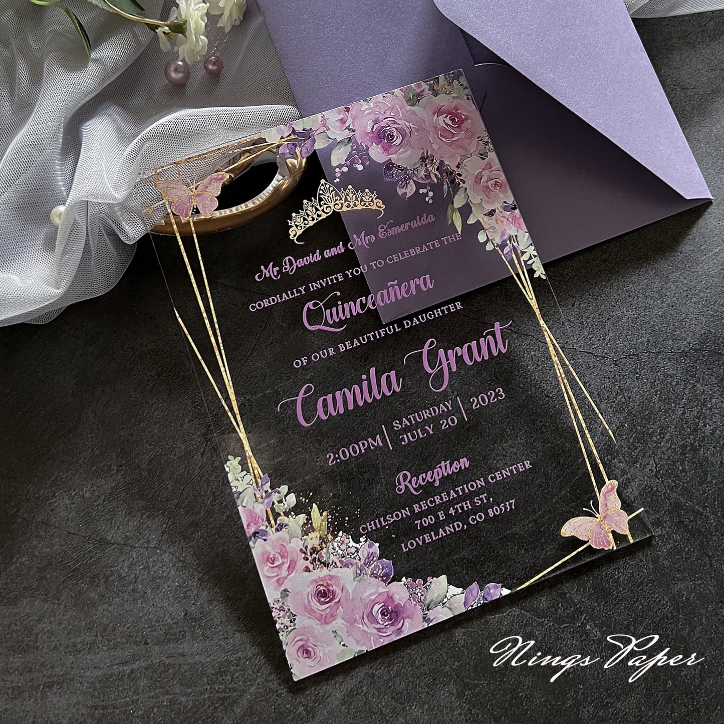 1mm/0.04" Lilac Acrylic Quinceanera Invitation Cards with Envelopes