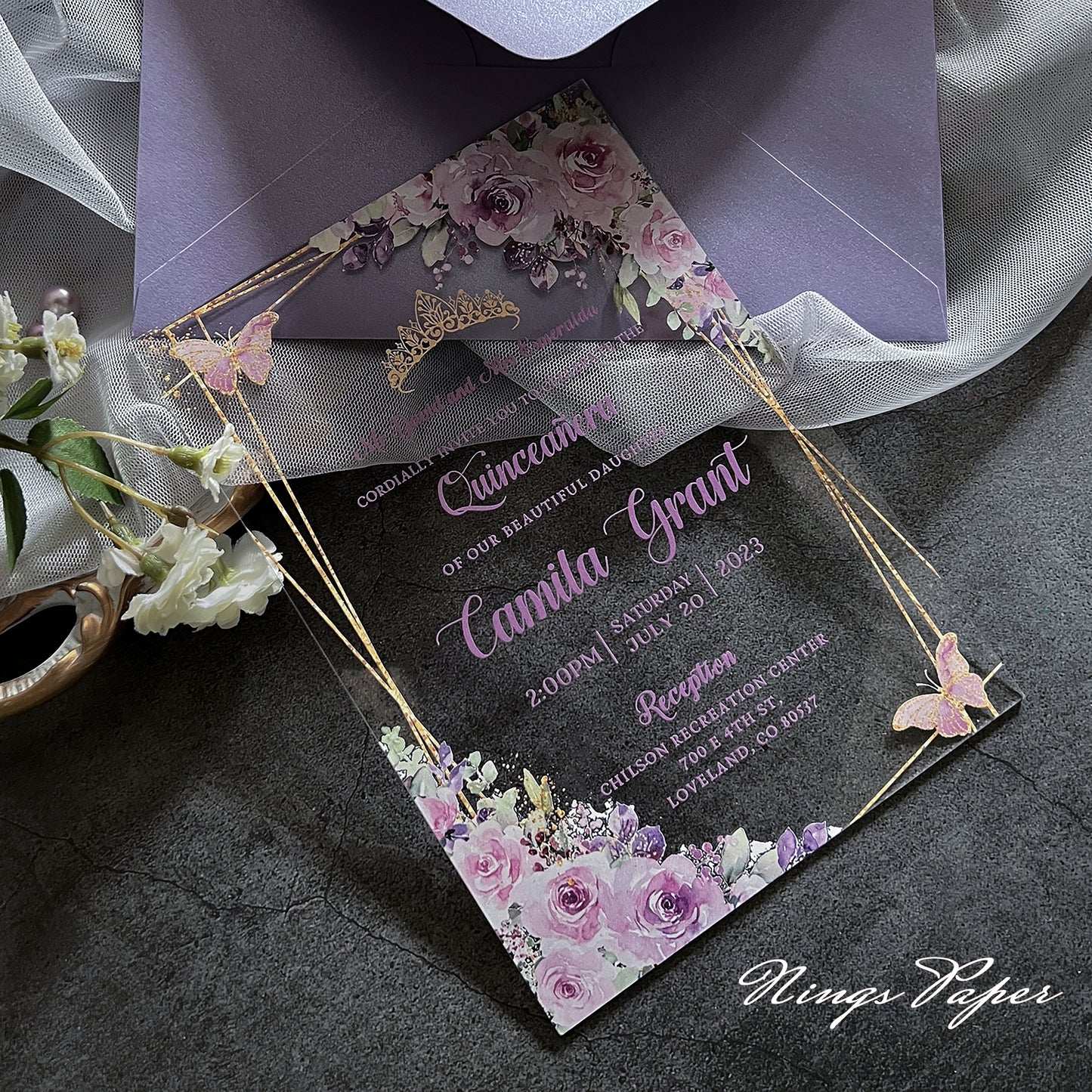 1mm/0.04" Lilac Acrylic Quinceanera Invitation Cards with Envelopes