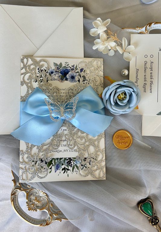 NingsPaper Silver Glitter Quinceanera Invitation Cards, Blue XV Anos Cards with Outer Envelopes & RSVP Cards