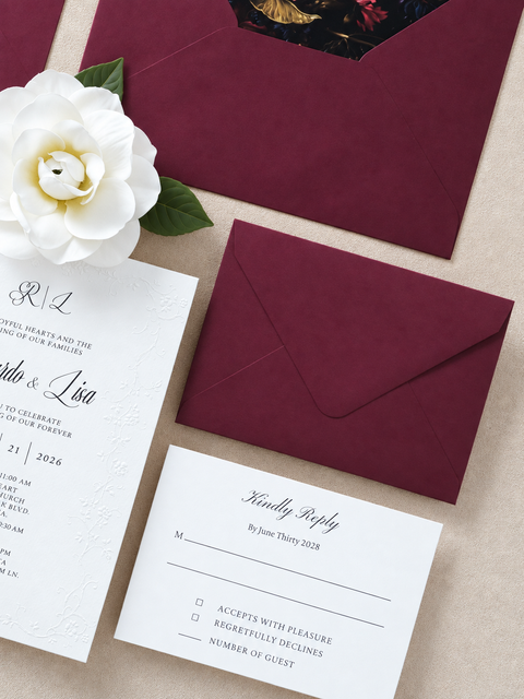 NingsPaper Burgundy Embossed Wedding Invitation Suite