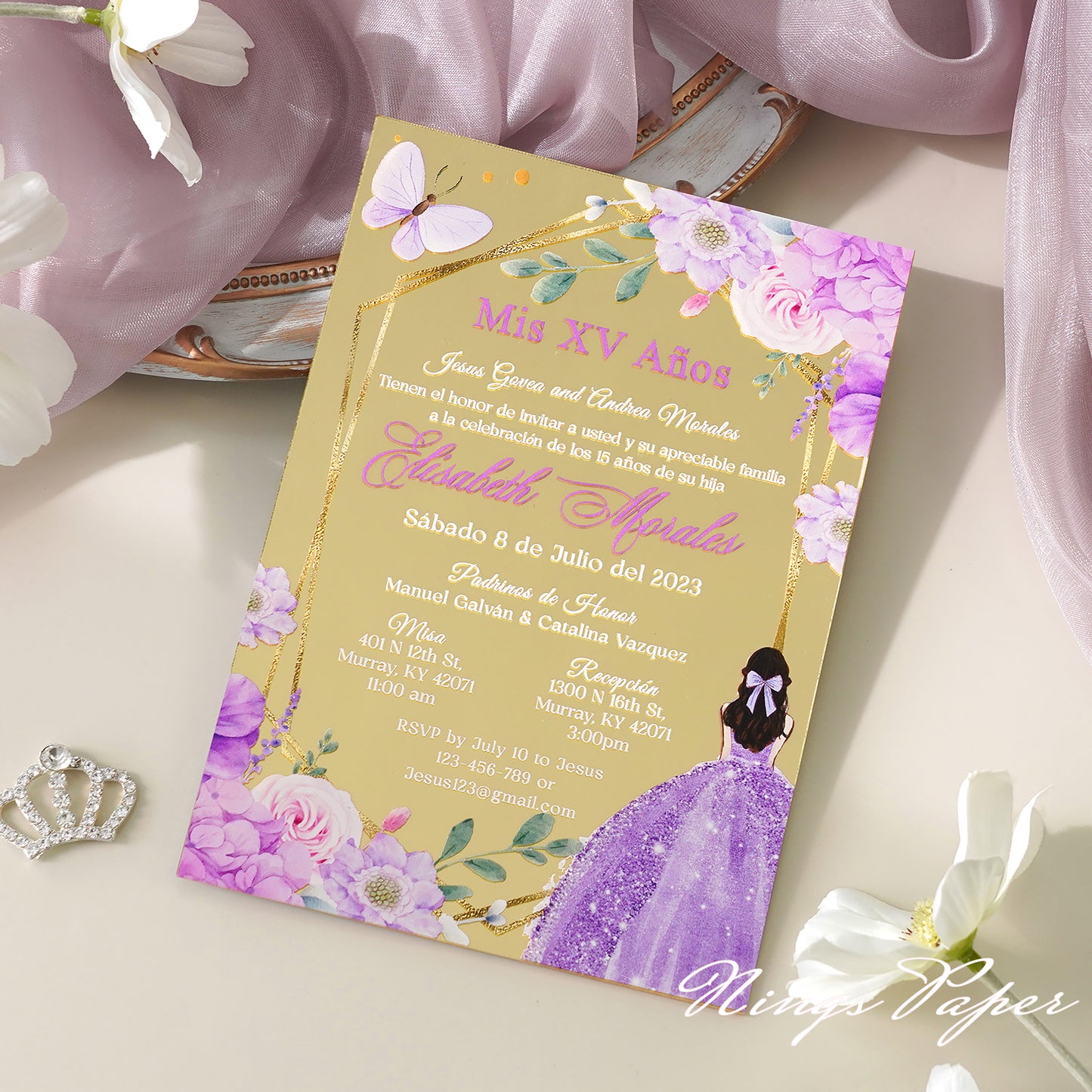 XV Años Invitations, Gold Mirror Quinceañera Invitation Cards with Envelope-Lilac-2mm/0.7"