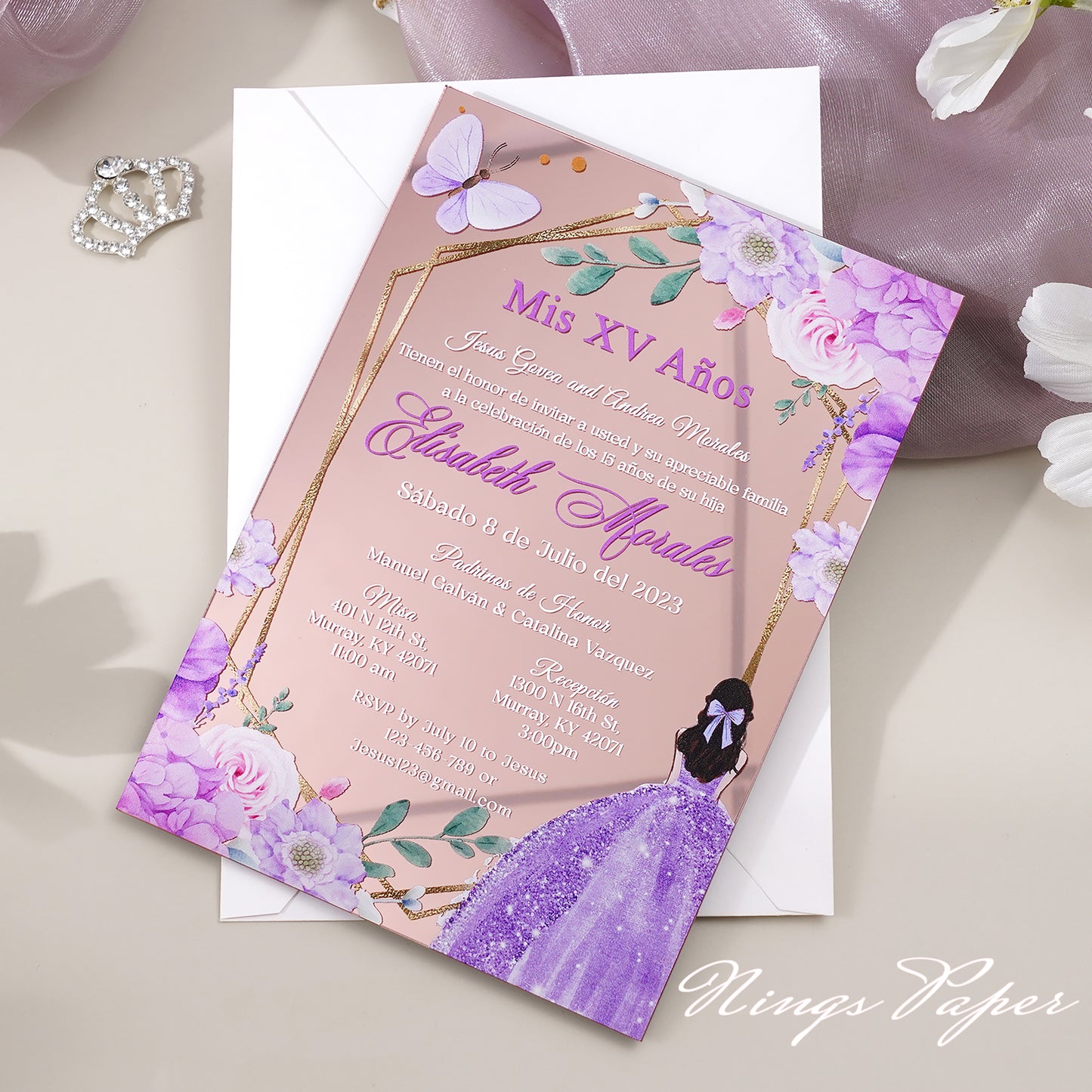 XV Años Invitations, Rose Gold Mirror Quinceañera Invitation Cards with Envelope-2mm/0.7"