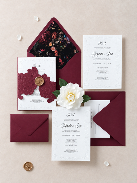 NingsPaper Burgundy Letterpress Wedding Invitation Suites