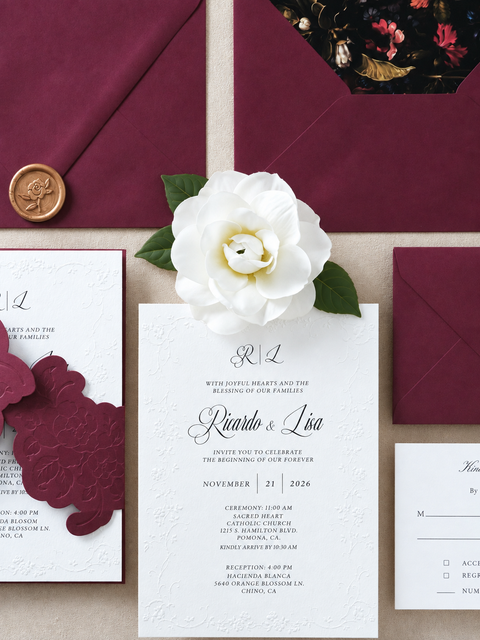 NingsPaper Burgundy Embossed Wedding Invitation Suite