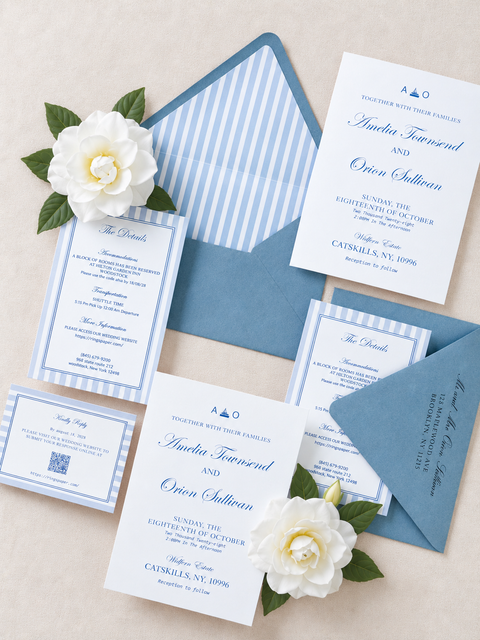 NingsPaper Dusty Blue Stripes Liner Wedding Invitation Suite