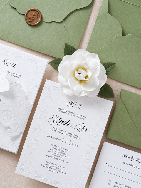 NingsPaper Sage Green Letterpress Wedding Invitation Suites