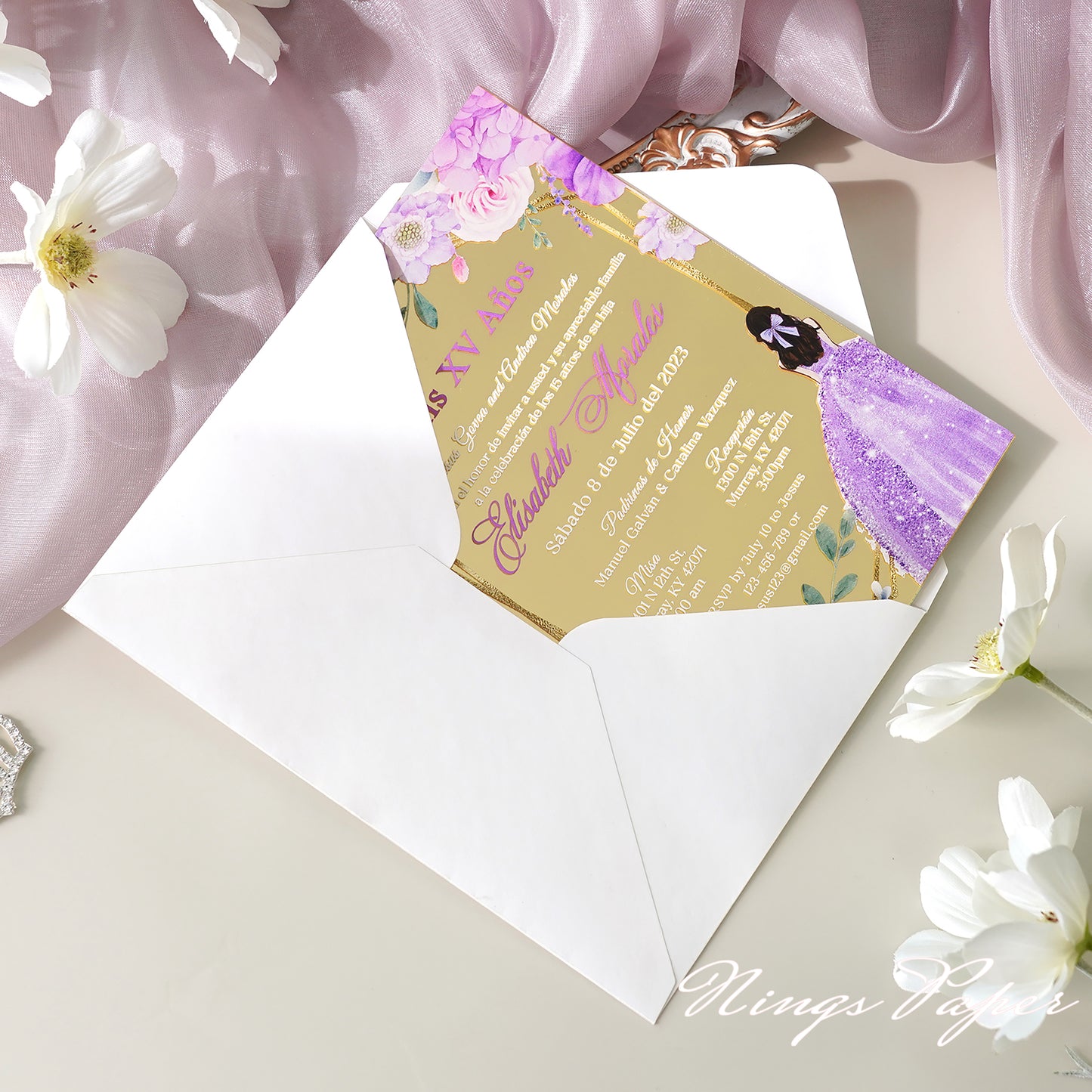 XV Años Invitations, Gold Mirror Quinceañera Invitation Cards with Envelope-Lilac-2mm/0.7"