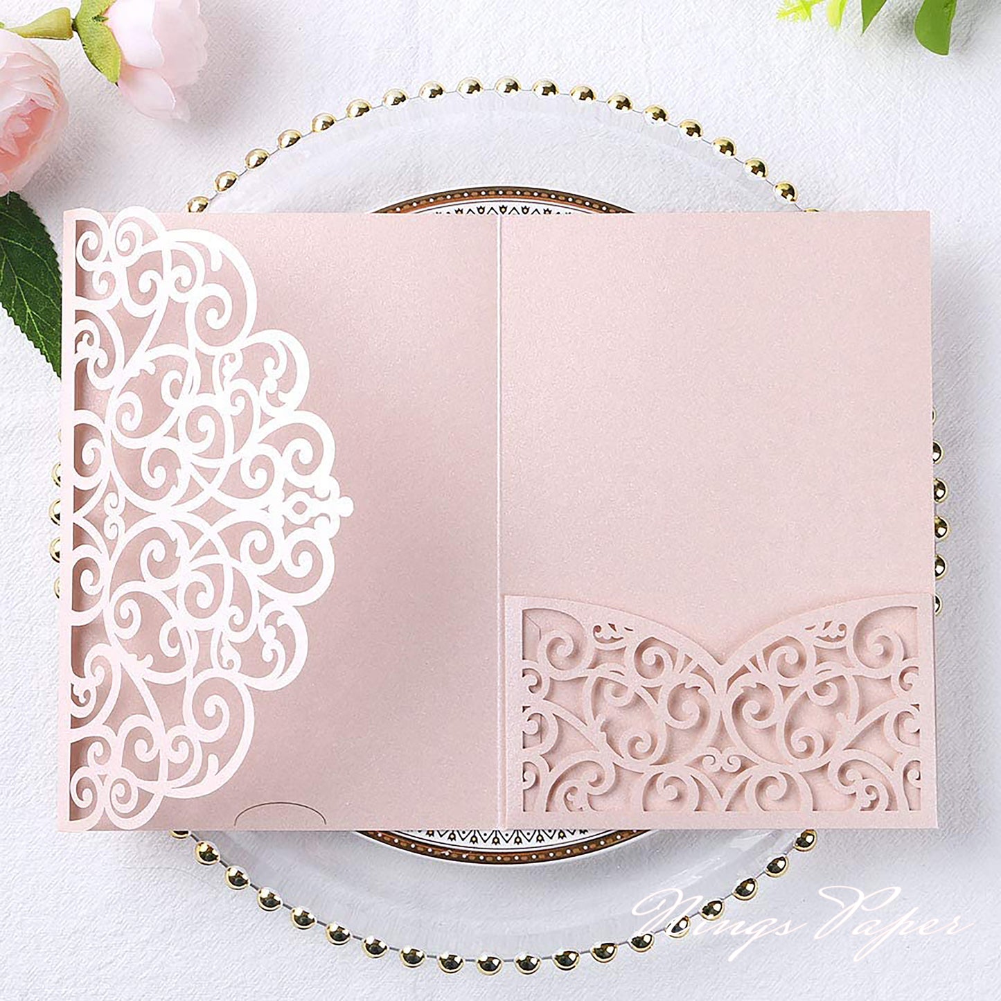 NingsPaper Blush Pink Triple Fold Laser Cut Wedding Invitation Pocket