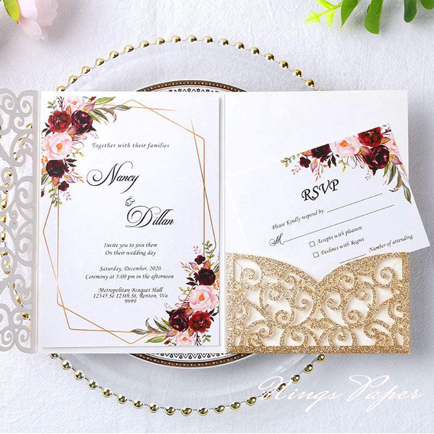 NingsPaper Gold Glitter Triple Folded Laser Cut Wedding Invitation Pocket